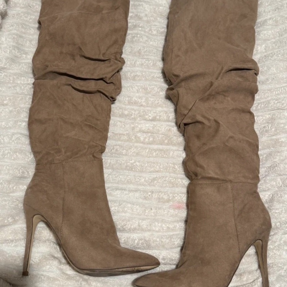 JustFab Taupe Suede Over-the-Knee Pointed Stiletto Boots